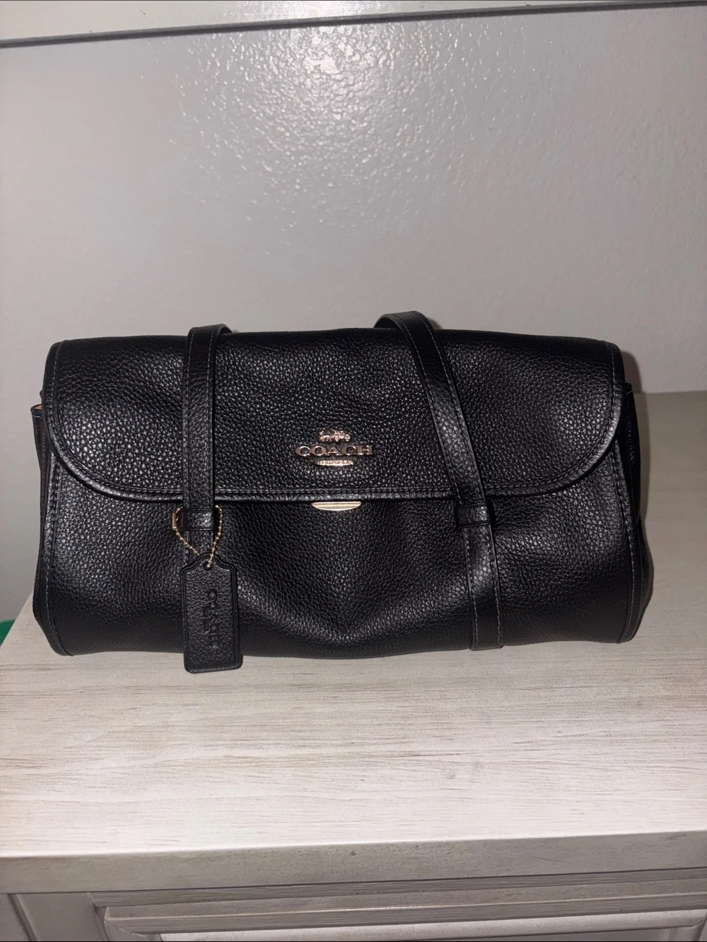 Coach Black Pebbled Leather Flap Shoulder Bag with Gold Accent